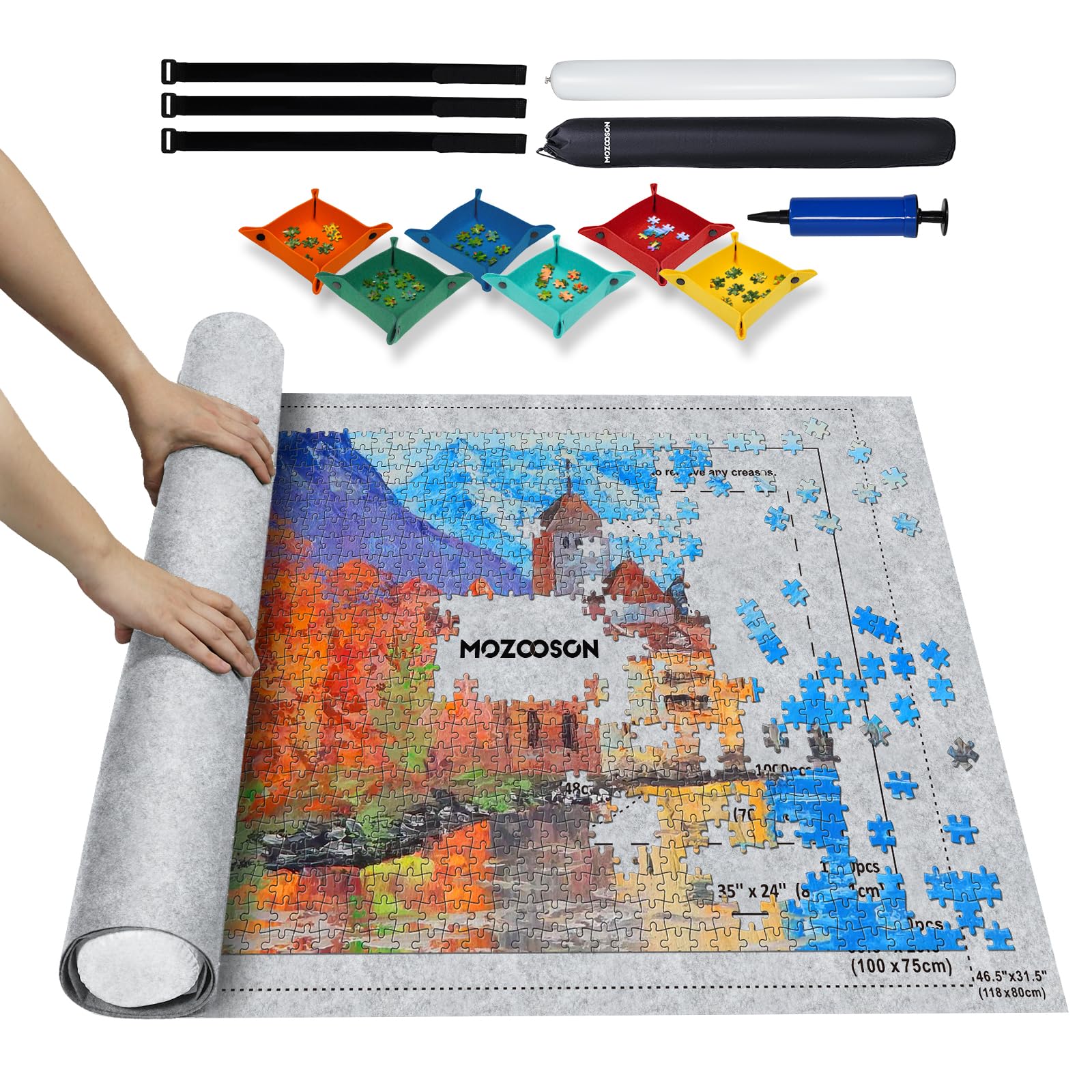 MOZOOSON Jigsaw Mat for 2000 1500 1000 Pieces Puzzles for Adults, Puzzle Mat Jigsaw Accessories, Felt Roll Up Mat (6 Puzzle Sorters + 1 Inflatable Pump)