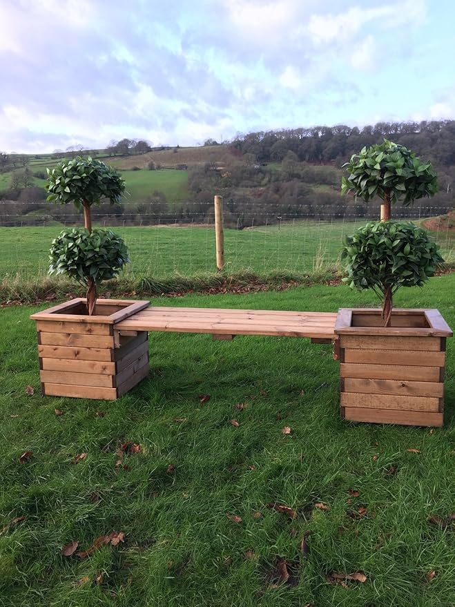 UKG Heavy Duty Wooden Garden 3 Seater Bench With 2 Square Planter Flower Pots Attached