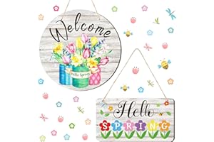CHITIDR 2 Pcs Hello Spring Sign Rustic Wood Decor Welcome Spring Sign Front Door Decoration with Flowers Farmhouse Wall Hanging Plaque Filleted Corner Wooden Sign for Home Bathroom Indoor Outdoor