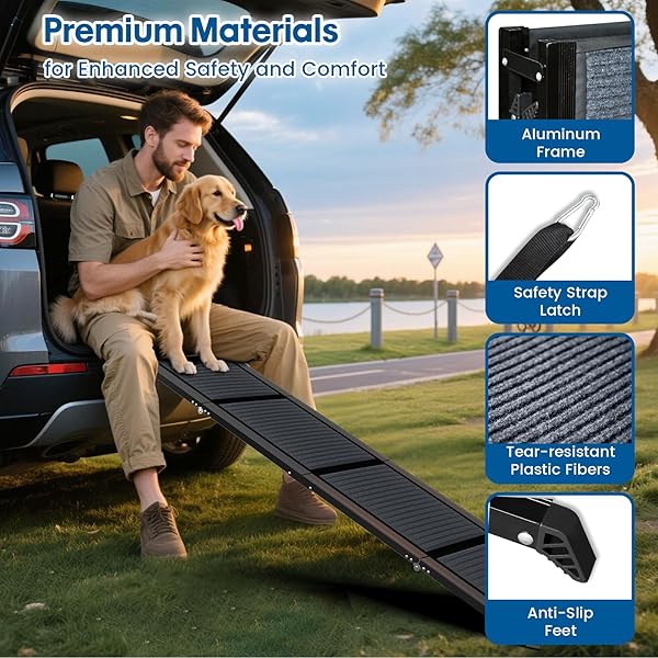 HBTOWER 63″ LONG & 17.3″ WIDE FOLDING DOG RAMP FOR CAR, SUV & TRUCK – PORTABLE PET RAMP WITH NON-SLIP SURFACE, EXTRA WIDE STEPS FOR LARGE DOGS UP TO 250LBS