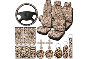 Aulufft 23 PCS Leapord Print Car Assecories, Include Seat Cover Leopard Steering Wheel Cover, Central Control Armrest Pad, Car Coasters and Keychain Holder, Headrest Covers, Ventilation Hole Decor