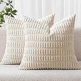 MIULEE Pack of 2 Corduroy Decorative Euro Sham Throw Pillow Covers 24x24 Inch Soft Boho Striped Pillow Covers Modern Farmhouse Home Decor for Sofa Living Room Couch Bed Cream White