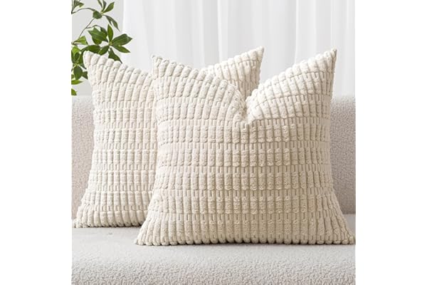 MIULEE Pack of 2 Corduroy Throw Pillow Covers 18x18 Inch Cream White | Soft Decorative Boho Striped Cushion Covers Farmhouse