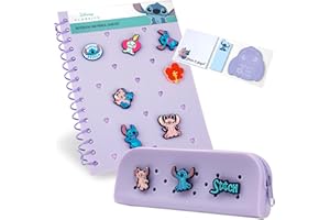 Disney Stitch A5 Customizable Notebook and Zipped Pencil Case, Stationery Set with Character Pins, Sticky Notes - Gifts for Girls