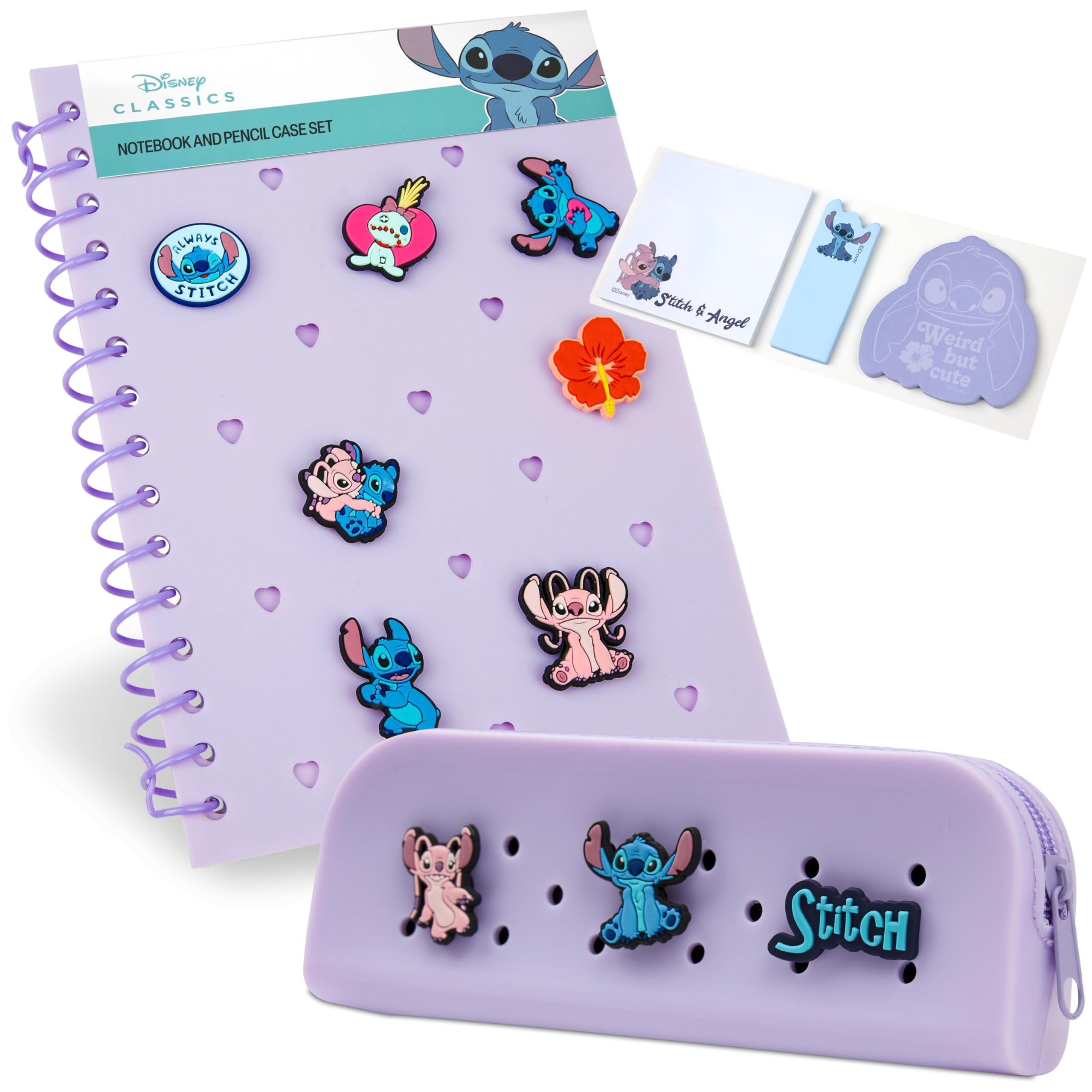 Disney Stitch Customisable A5 Notebook and Zipped Pencil Case Stationery Set with Character Pins Sticky Notes School Supplies, Stitch Gifts for Girls