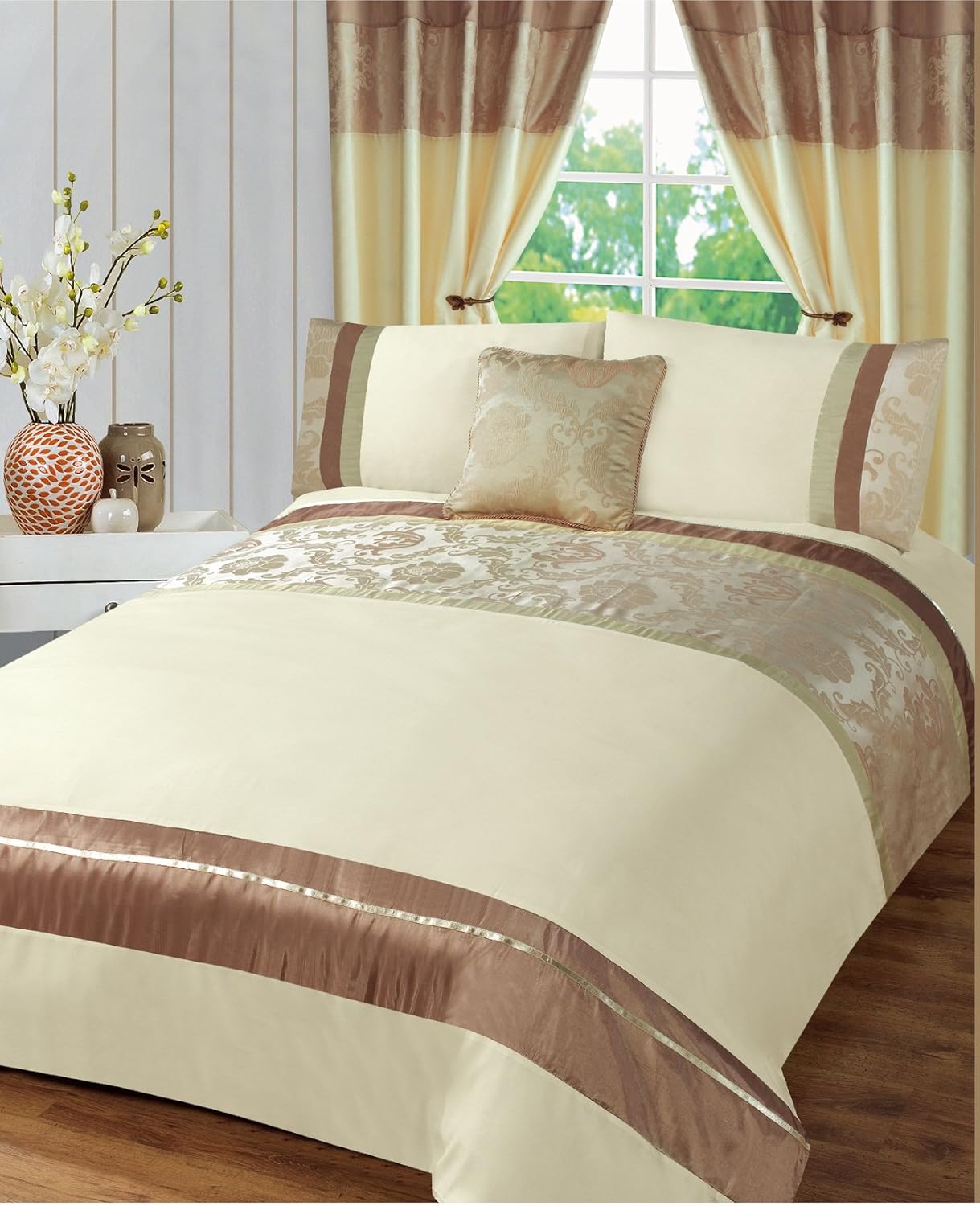 Cream Gold Damask Damascus King Size Bed Duvet / Quilt Cover Bedding