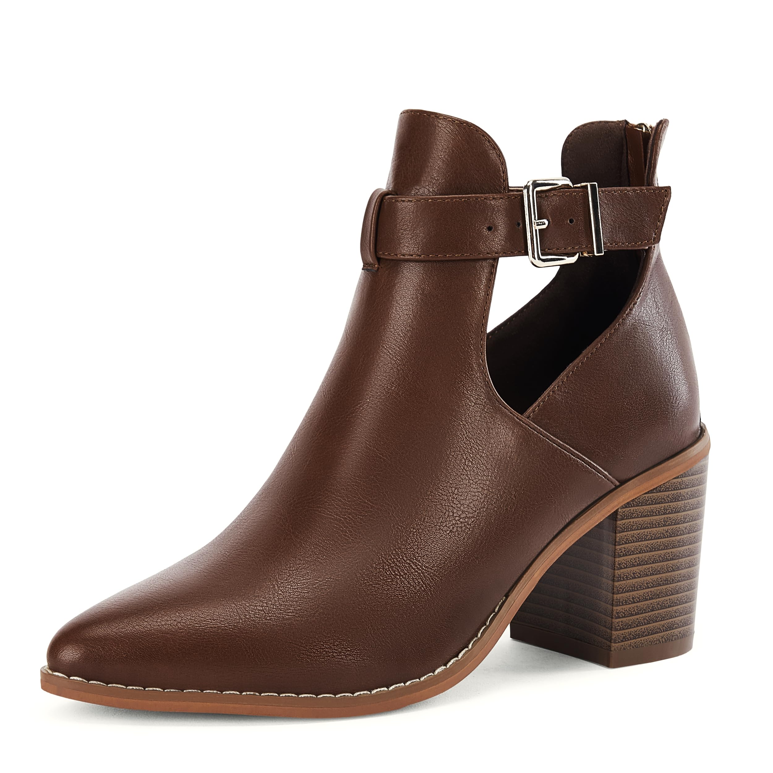 Tan Ankle Booties with Cutout Detail and Buckle Strap