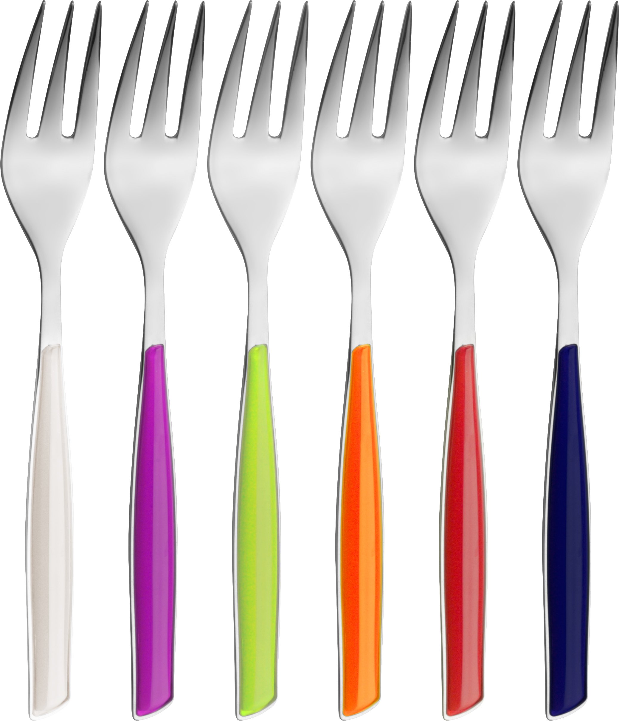 BUGATTI, Glamour, Set of 6 Dessert Forks in 18/10 Stainless Steel and handles in mixed colors IVORY, BLUE, IRIS, GREEN, ORANGE, RED, Packed in Gift Box