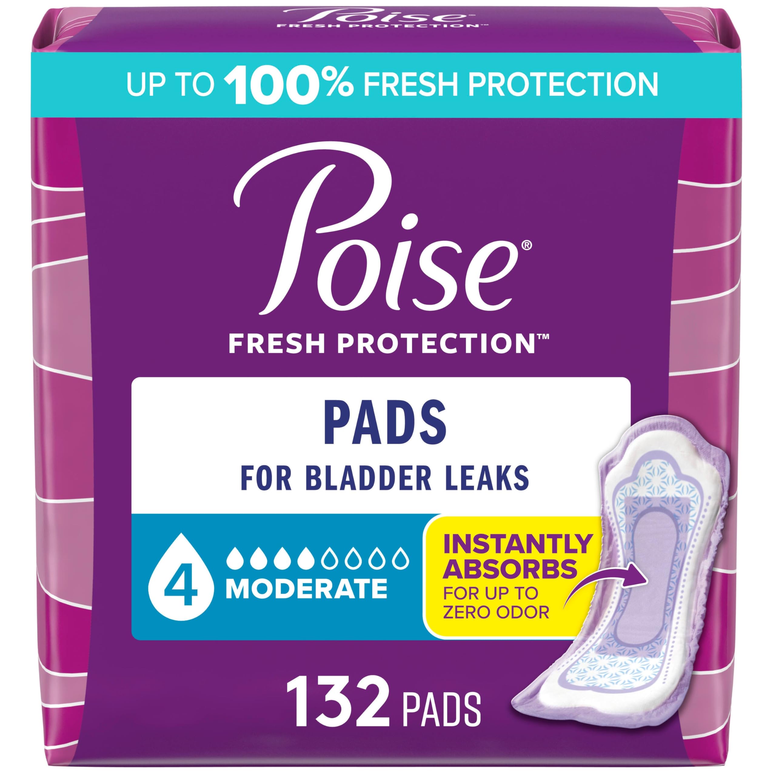 Photo 1 of Poise Incontinence & Postpartum Pads for Bladder Leaks, 4 Drop Moderate Absorbency, Regular Length, 132 Count, Packaging May Vary
