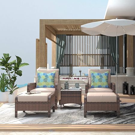 Amazon Com Cloud Mountain 5 Pieces Patio Furniture Set Outdoor Wicker Rattan Chair And Ottoman Set With Cushions Side Table Backyard Lounge Chair Chat Conversation Set Garden Outdoor