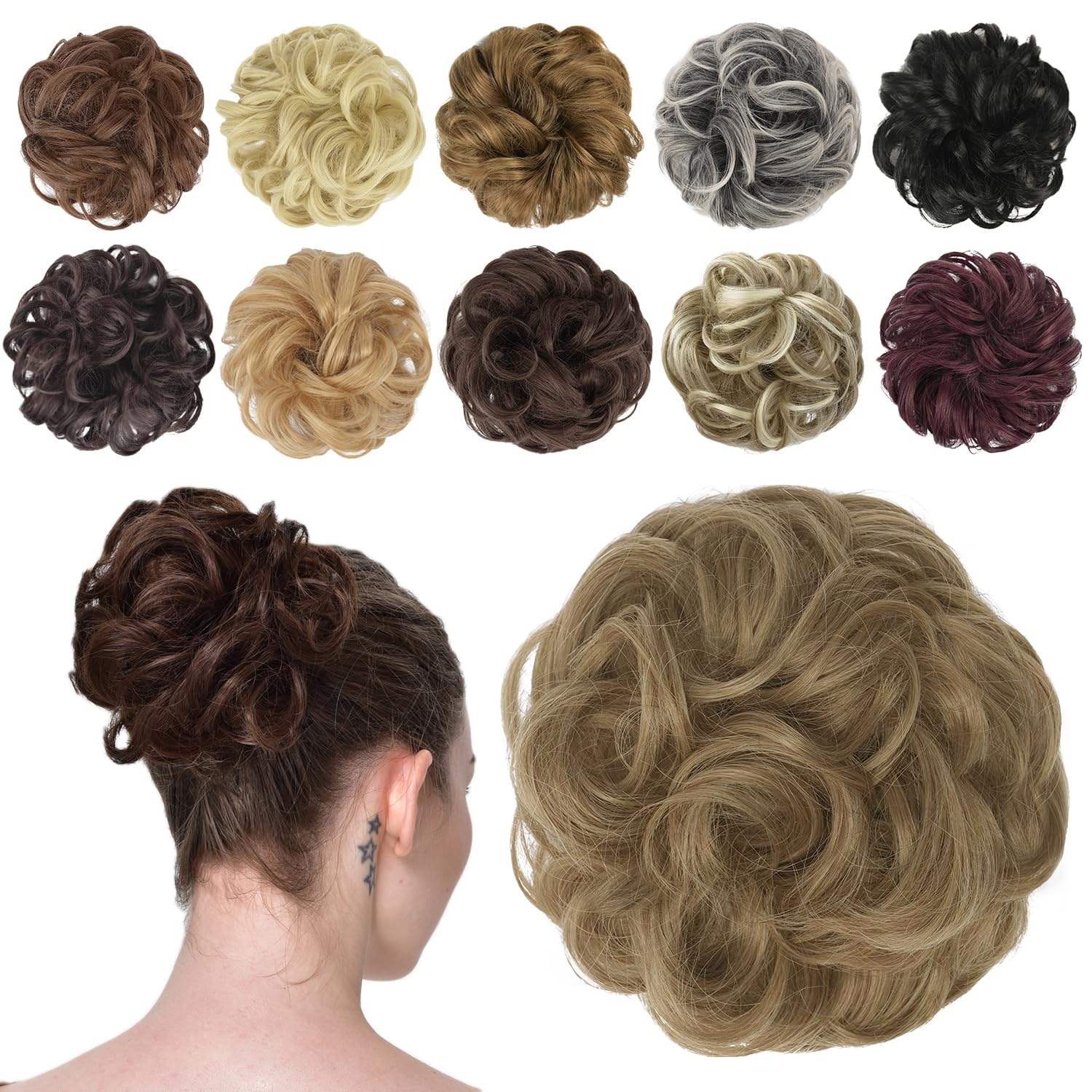 FESHFEN Messy Bun Hair Pieces - Wavy Curly Elastic Hair Bun Scrunchies Ponytail Extensions Synthetic Accessories Chignon Hairpieces for Women, Light Brown mix Natural Blonde 42 g