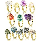Sureio 12 Pieces Chakra Crystal Ring Healing Crystal Adjustable Gemstone Irregular Stone Rings for Women Colorful Gem Copper Wire Wrap Ring for Women, Gold Ring