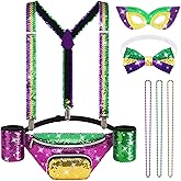 NOVWANG Mardi Gras Costume Set for Men, Mardi Gras Outfit Accessories Sequin Fanny Pack, Mask, Suspenders, Bow Tie and 3 Necklaces (Purple, Green, Gold)
