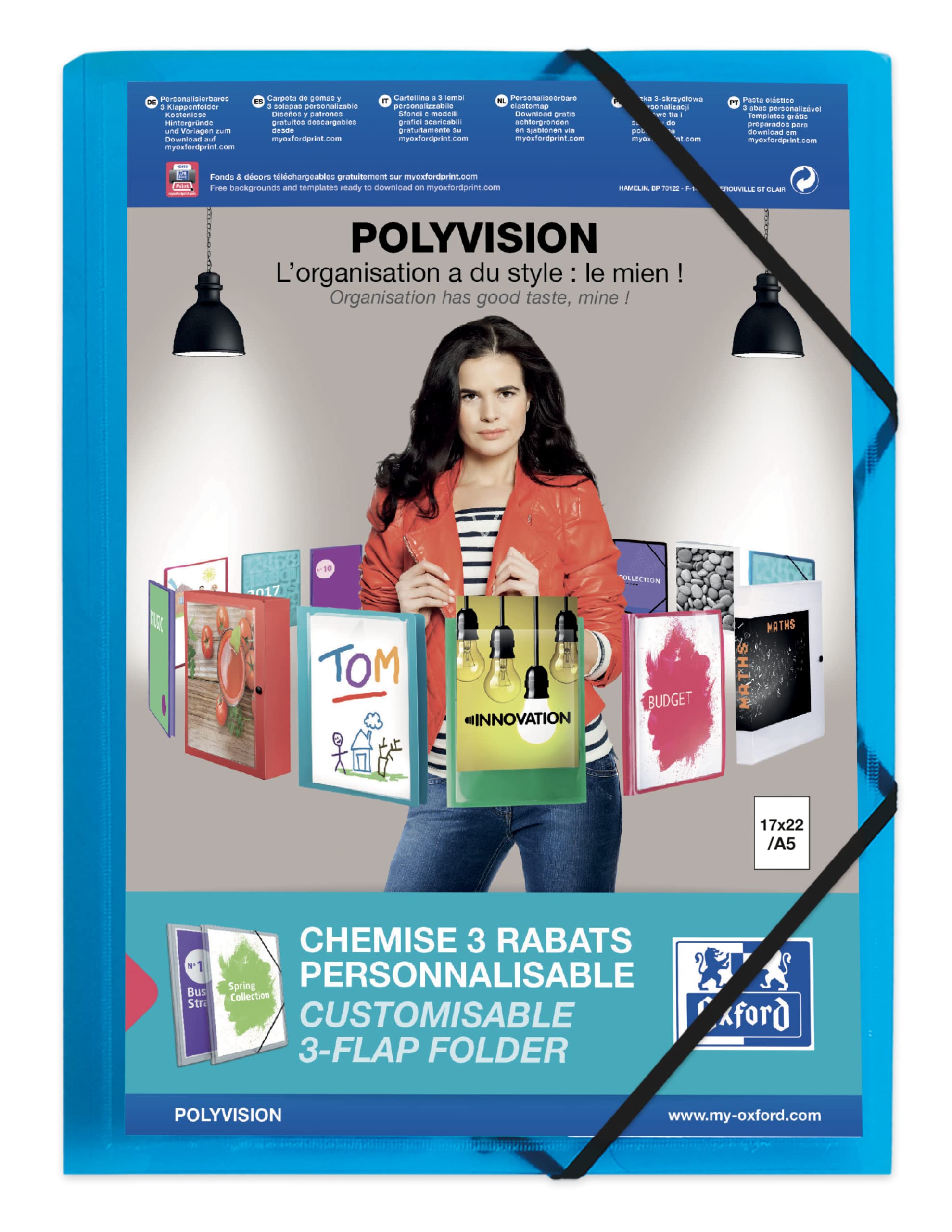 OXFORD Polyvision 3 Flaps Folder 17 x 22 cm with Elastic Translucent Polypro Cover Assorted Colours