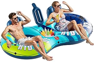 QPAU Inflatable Double River Tube, 2 Person 660lb Capacity, Puncture-Resistant 93" Sturdy Heavy Duty River Float, River Raft with Ergonomic Backrest, Cooler & Cup Holders for Family