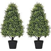 Azoco 30" Artificial Boxwood Faux Plants Outdoor, UV Resistant Topiary Trees Realistic Cone-Shaped Fake Bushes and Shrubs Potted Fakeplants Set of 2 for Front Porch Patio Outside Planter Decor