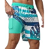 7 Inch Men Swim Trunks Palm Tree with Compression Breathable Liner Quick Dry Zipper Pockets for Board Beach Cruise