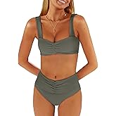 ANRABESS Bathing Suit for Women Tummy Control Bikini Set 2026 Beach Front Ruched Mid Waist Swimsuit with Adjustable Straps