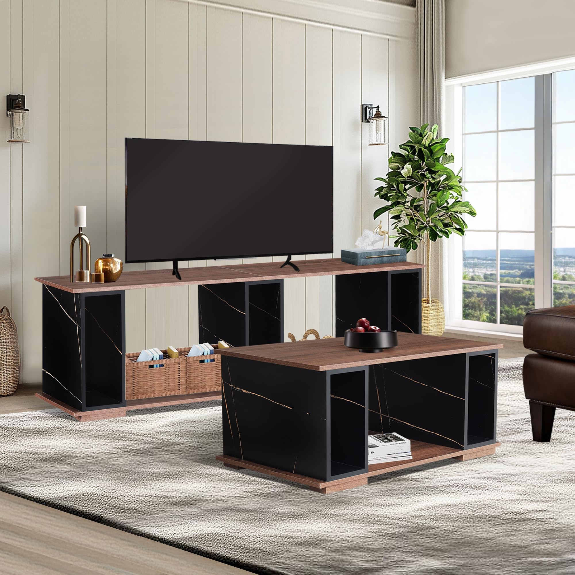 Photo 1 of **PARTIAL SET, UNKNOWN MISSING PIECES**GIA Home Furniture TV Stand and Coffee Table Set of 2,Living Room Table Set Including 70 inch Entertainment Center and Wood Center Table,Faux Black Marble