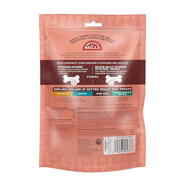 BETTER BELLY PROTEINS WITH REAL VENISON SMALL ROLLS 6 COUNT, DIGESTIBLE RAWHIDE FOR DOGS, 4.2 OZ