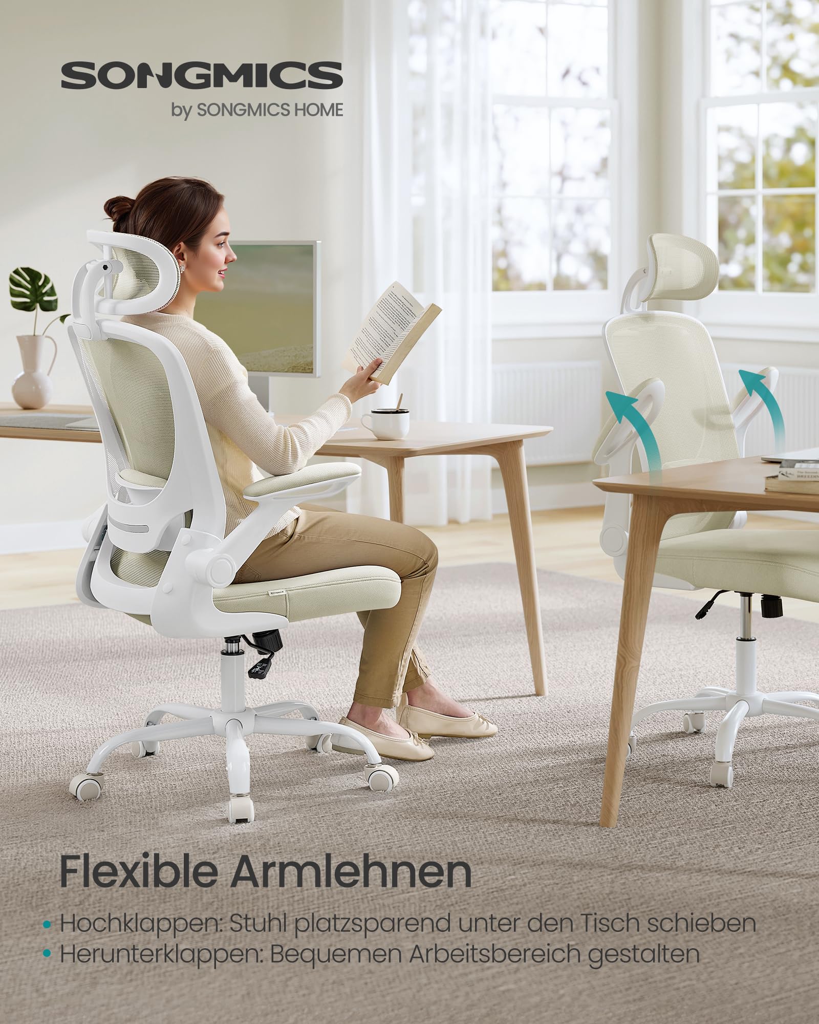 SONGMICS Bürostuhl ergonomisch, Drehstuhl mit Mesh, Lenden- und Kopfstütze, Wippfunktion, 53 cm große Sitzfläche, klappbare Armlehnen, Arbeits- und Schlafzimmer, Studenten, cappuccinobeige OBN047K01 6