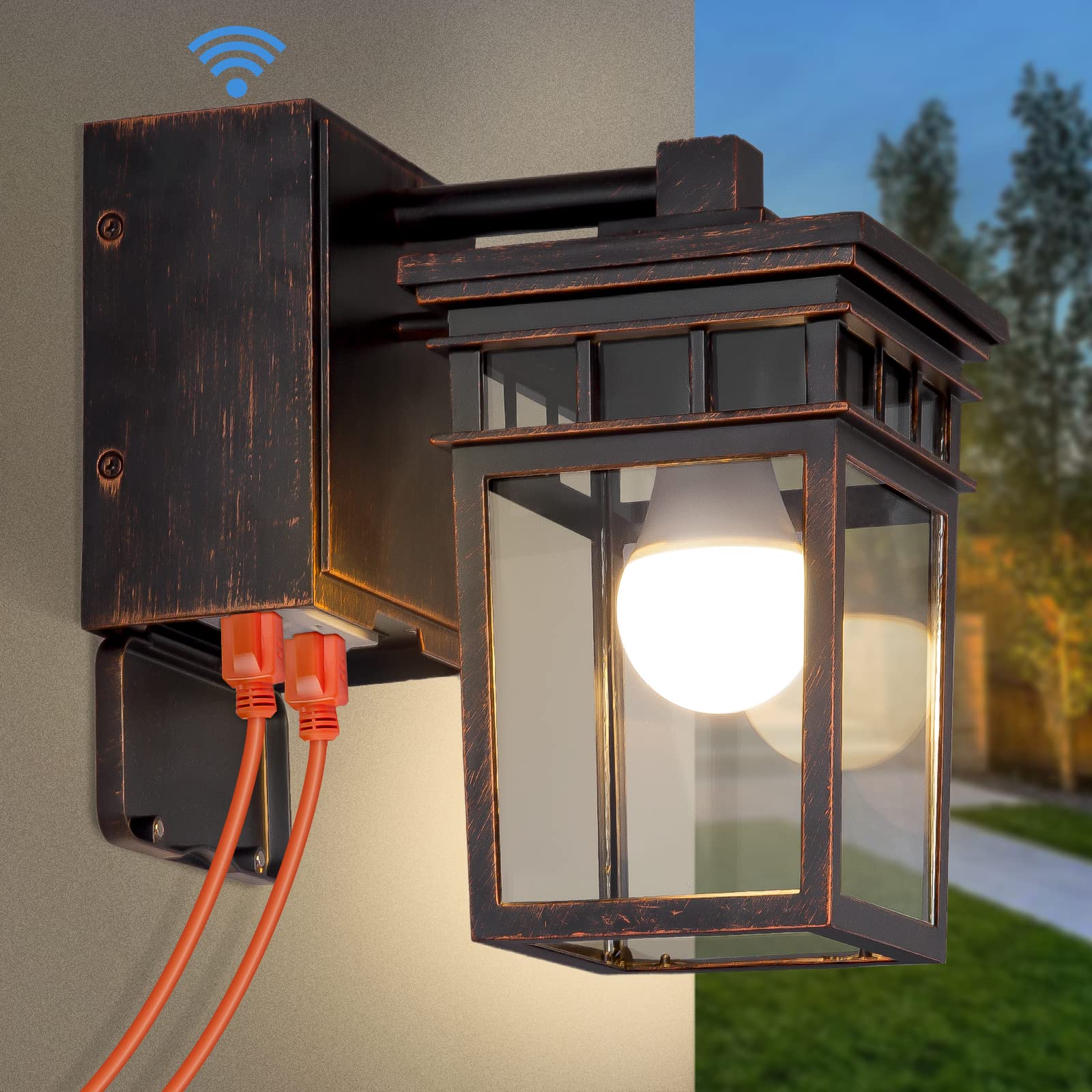 Photo 1 of Dusk to Dawn Outdoor Wall Lighting with Outlet,Porch Light with GFCI Outlet Built in,Anti-Rust Alunmium Wall Lantern with Clear Glass Shade,Outdoor Light for House Garage, Bulb Included(Brown)