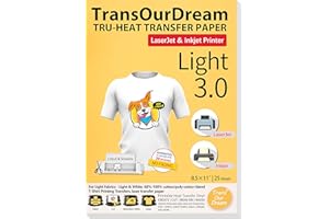 TransOurDream Printable HTV Heat Transfer Vinyl for Inkjet & Laser Printer (25 Sheets 8.5x11", Light 3.0) Iron on Vinyl for L