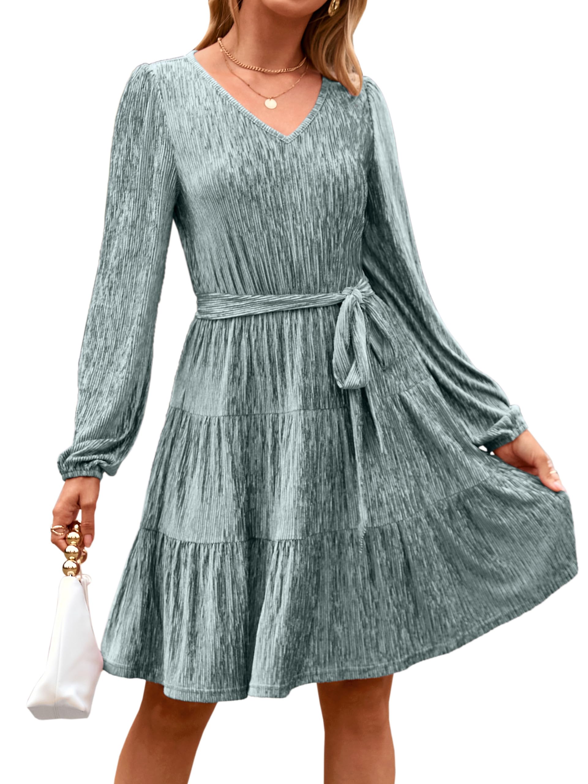 Photo 1 of Simplee Womens Velvet Long Sleeve V Neck Fall Dress Tiered Flowy Mini Cocktail Dress Winter Casual Short Dresses 2025 (Grey Green XL)