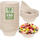 AOJOYS 150 Pack Paper Bowls Disposable 12 OZ - Heavy-Duty 100% Compostable Eco-Friendly Biodegradable Soup Bowls, Heat Resistant Bagasse Bowls with Box, Suitable for Salad, Dessert, Milk, Cereals