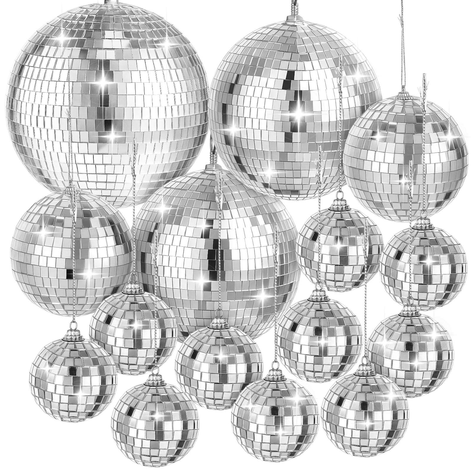 Photo 1 of 15 Pack Silver Disco Ball Mirror Ball with Hanging Ring for Fun Retro Disco Party Decorations Party Dj Lighting Effect Stage Props Game Accessories (5.9 inch, 3.9 inch, 3.1 inch, 2.3 inch)