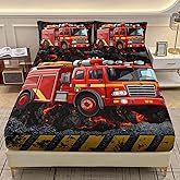 AILONEN Cartoon Red Fire Truck Fitted Sheet Set Twin XL Size, Fire Rescue Car Bedding Set for Kids,Boys,Girls,Teens, Emergency Rescue Vehicle Bed Sheet Set,3-Piece, 1 Fitted Sheet and 2 Pillowcases