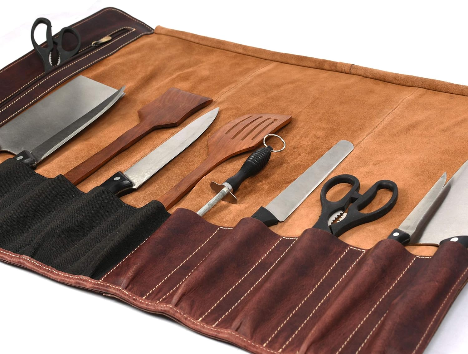 Leather Knife Roll Storage Bag, Elastic and Expandable 10 Pockets, Adjustable/Detachable Shoulder Strap, Travel-Friendly Chef Knife Case (Leather - Light Brown): Kitchen & Dining