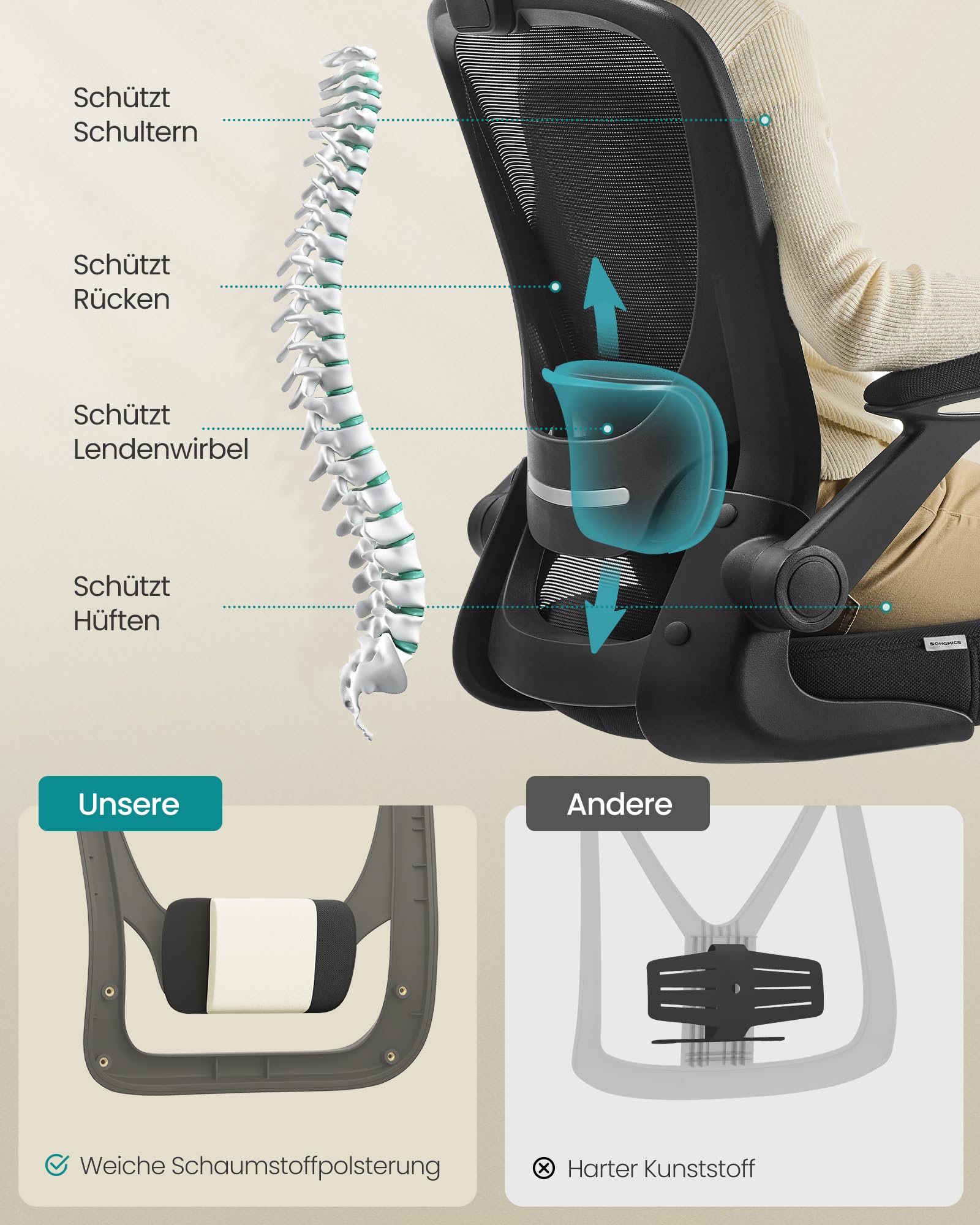 SONGMICS Bürostuhl ergonomisch, Drehstuhl mit Mesh, Lenden- und Kopfstütze, Wippfunktion, 53 cm große Sitzfläche, klappbare Armlehnen, Arbeits- und Schlafzimmer, Studenten, schwarz OBN37BK 4