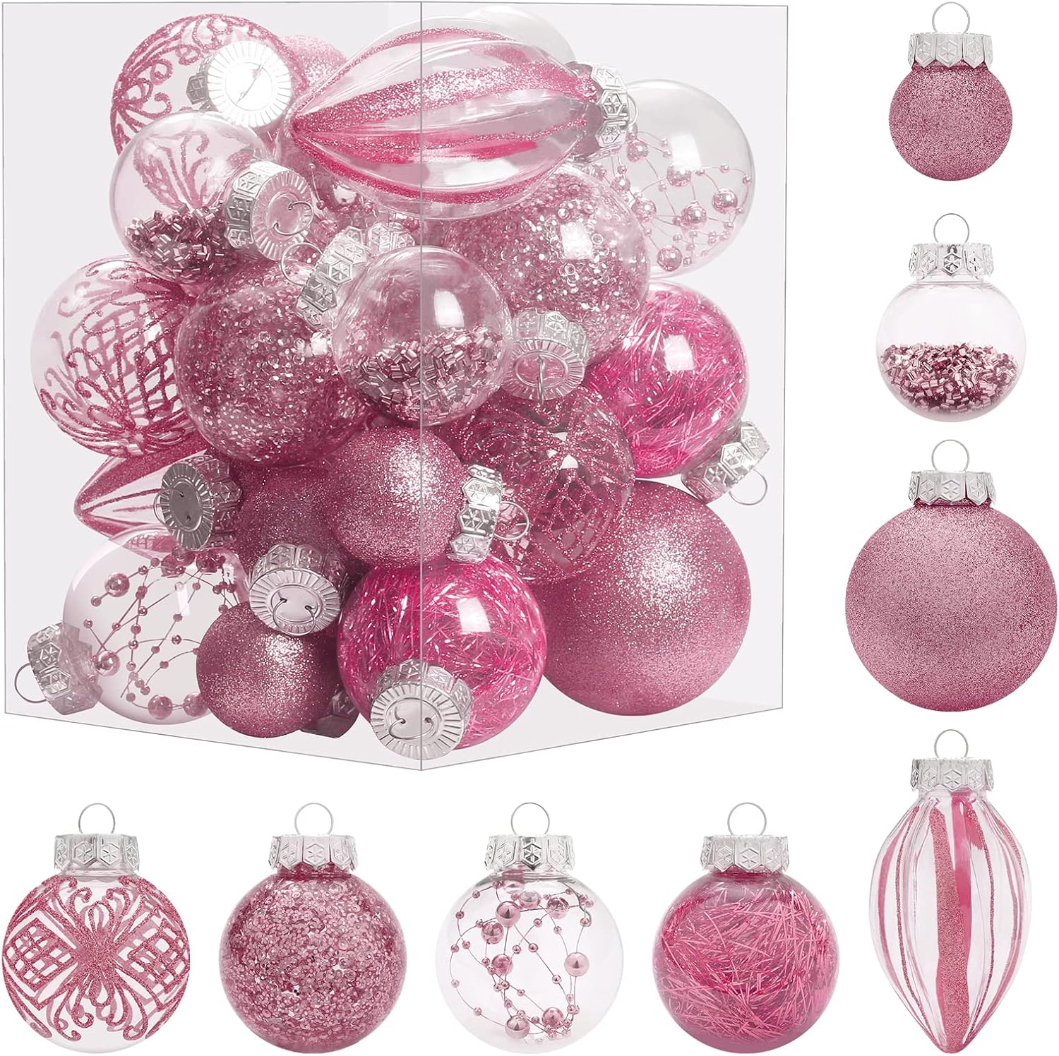 Ornaments - MoonXmas Christmas Ornaments Set, 32Pcs Clear Plastic Shatterproof Christmas Ball Hanging Ornaments for Xmas Tree Decorations, for Indoor Home Thanksgiving Party Holiday Decor - Pink.