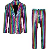 Westmall Men's 70s Disco Outfits Rainbow Suit Sequin Slim Prom Party Costume Halloween