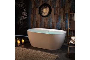 WOODBRIDGE 59" Acrylic Freestanding Bathtub Contemporary Soaking White Tub with Matte Black Overflow and Drain,White,B0064 MB