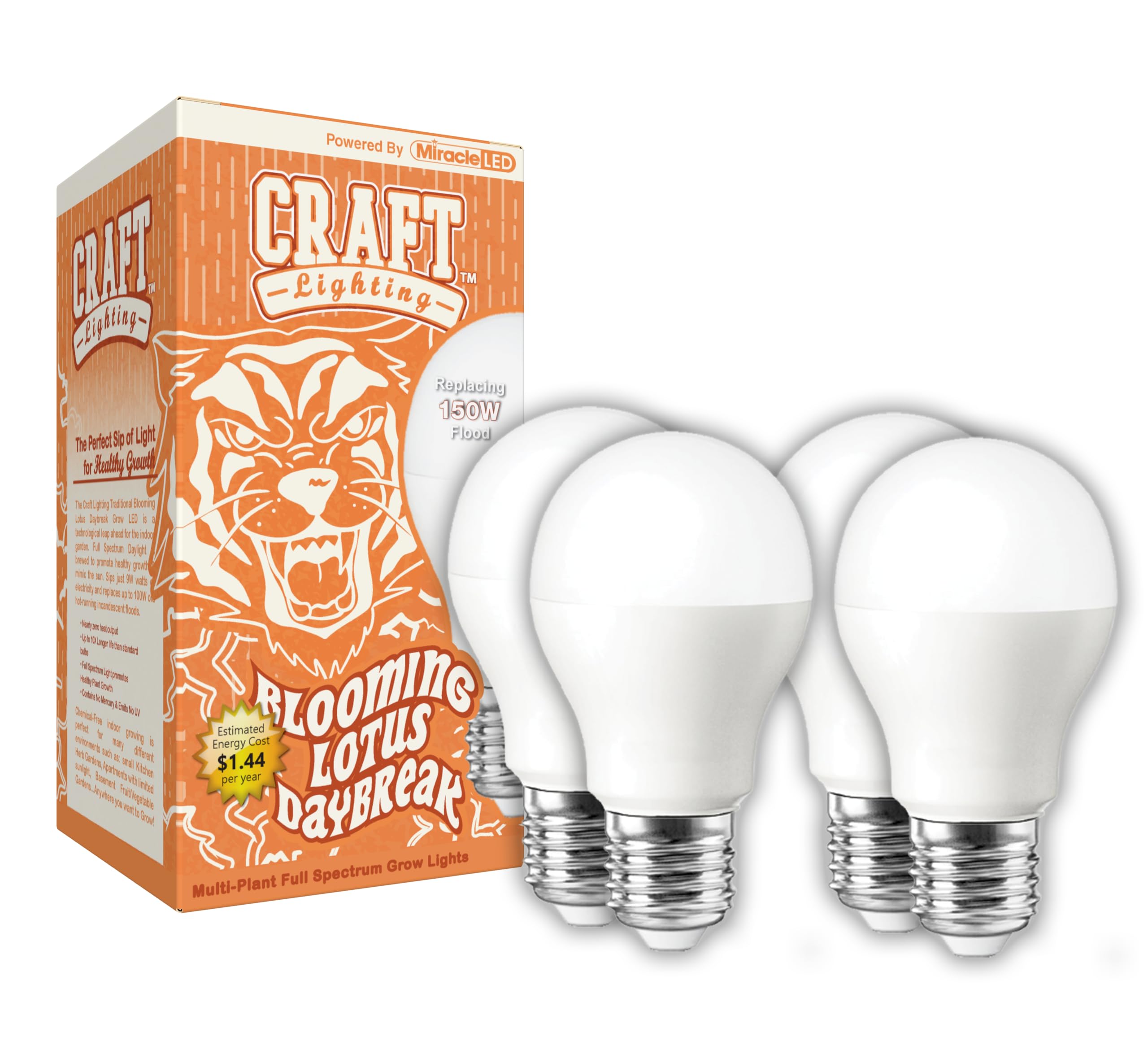 Photo 1 of Miracle LED Craft LED Blooming Lotus Daybreak Full Spectrum Multi-Plant Grow Light Bulb Replacing 150W (4-Pack)