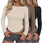 Huukeay 3 Pack Womens Boat Neck Long Sleeve Ribbed Tops Fitted Shirts Cotton Curved Hem Crop Casual Basic Layer Tees Go Out
