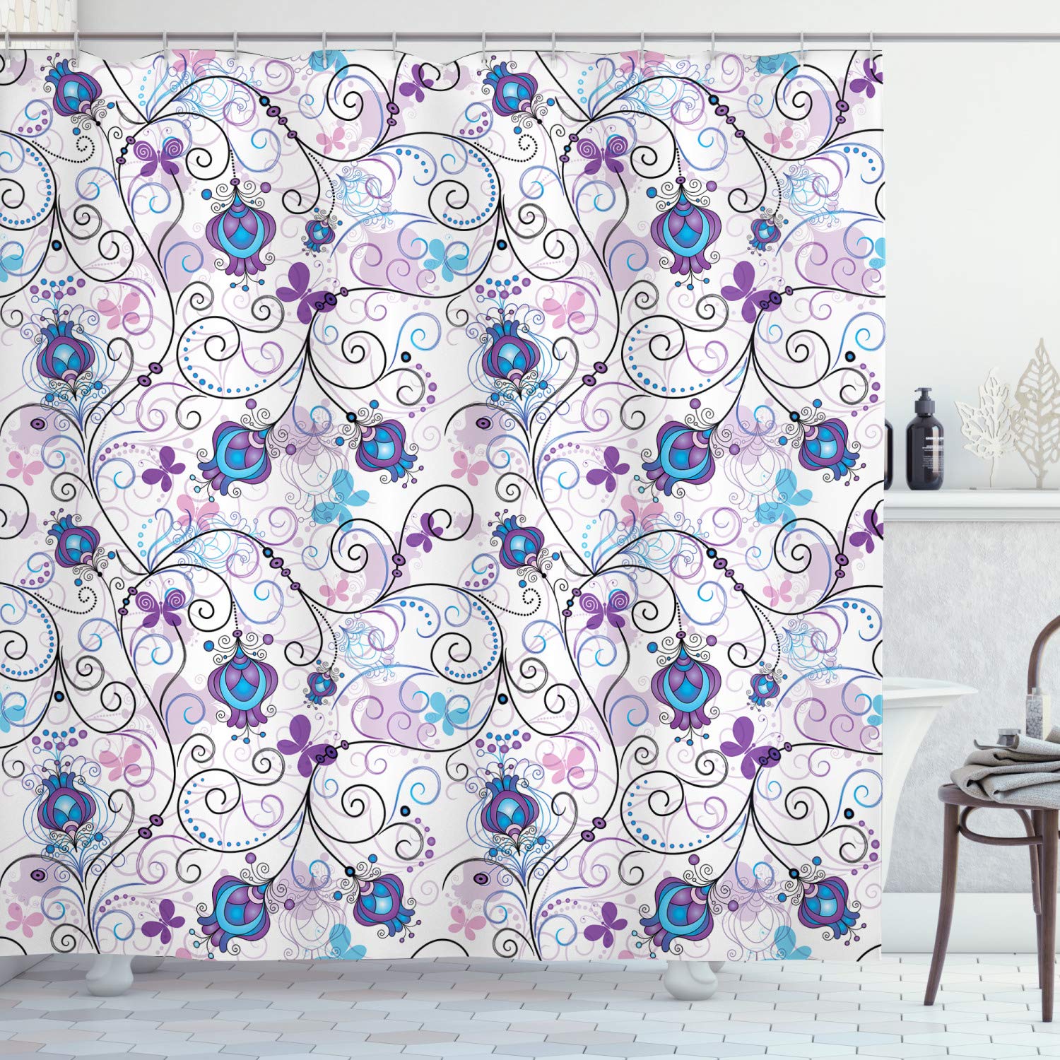 ABAKUHAUS Floral Shower Curtain, Abstract Dreamy Illustration of Flowers and Butterflies Swirling Design Branches, Cloth Fabric Bathroom Decor Set with Hooks, 78" Inches, Violet Blue — image 1