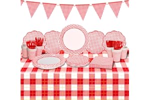 Gatherfun Gingham Red and White Party Supplies Disposable Paper Plates Napkins Cups Knives Spoons Forks Tablecloth Banner for Birthday Party Family Dinner Picnic Barbecue Mother's Day Party, Serve 25