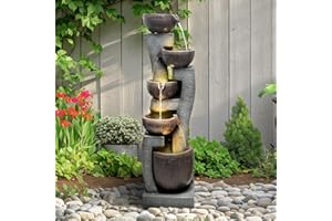 SunJet 43.7" Indoor/Outdoor Modern Water Fountain - 5-Tiers Garden Cascading Fountain with Lights & Pump - Curve Shape Floor-Standing Waterfall Feature for Home Deck, Patio, Porch, Yard Decor