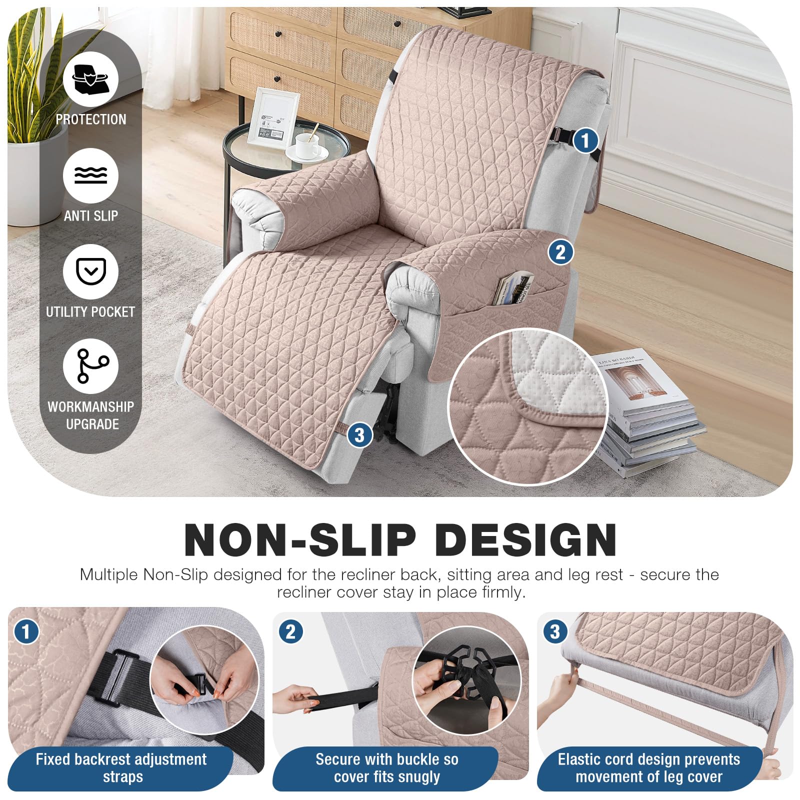 TAOCOCO 100% Waterproof Recliner Cover - Recliner Cover with Non-Slip Granule, Recliner Chair Covers with Elastic Band, Recliner Chair Covers for Reclining Chair(Peach, Oversized-30'')