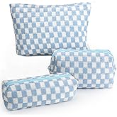 3 Pcs Makeup Bag Cosmetic Bag Set for Girls Women Checkered Travel Organizer Bathroom Toiletry Pouch Large Capacity Storage Bag (Blue-White)