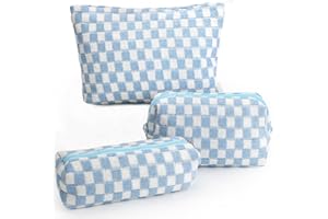 Gocvo 3 Pcs Makeup Bag Cosmetic Bag Set for Girls Women Checkered Travel Organizer Bathroom Toiletry Pouch Large Capacity Storage Bag (Blue-White)