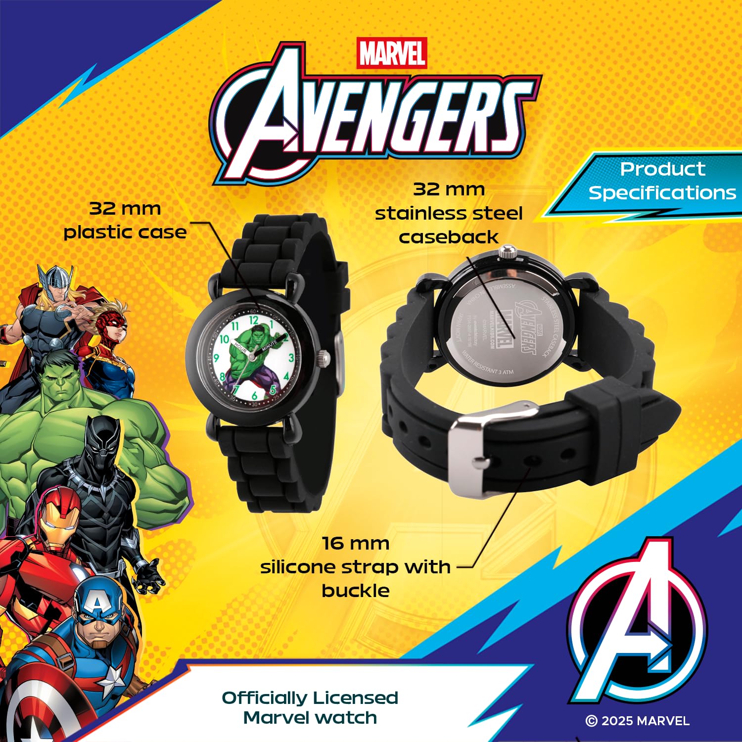 Marvel Hulk Watch for Boys Ages 3–7 – Featuring Heroic Hulk Character Dial – Avengers Gift for Kids Who Love Superhero Toys – Black Bezel with Bold Face and Comfortable Black Silicone Strap