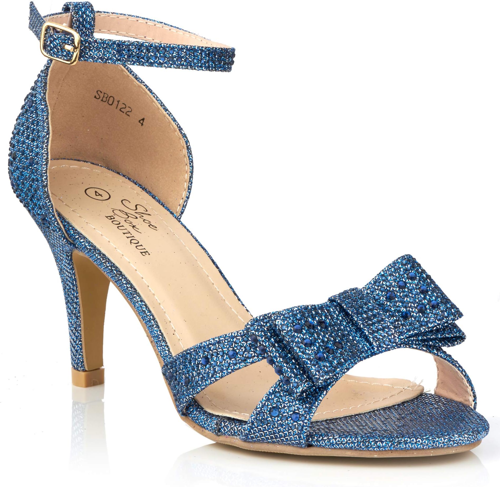 0122 New Ladies Party Prom Mid Heel Glitter Diamante Bow Ankle Strap Sandals