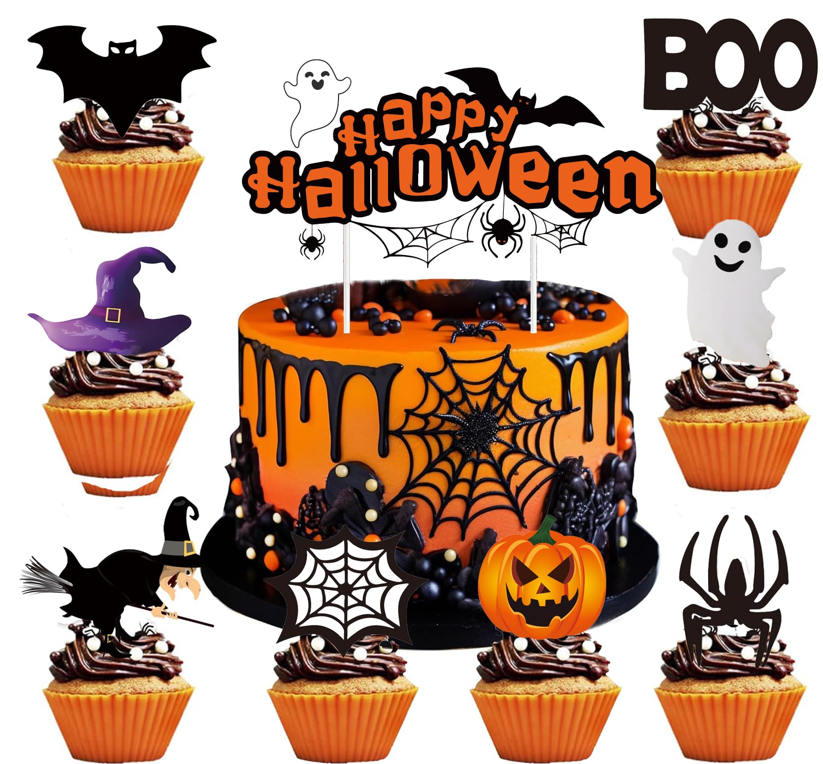 25 Pcs Halloween Cake Toppers Decoration, Pumpkins, Spiders, Bats Cake Decorations, Cake Toppers For Trick-or-Treat Halloween Party Decorations