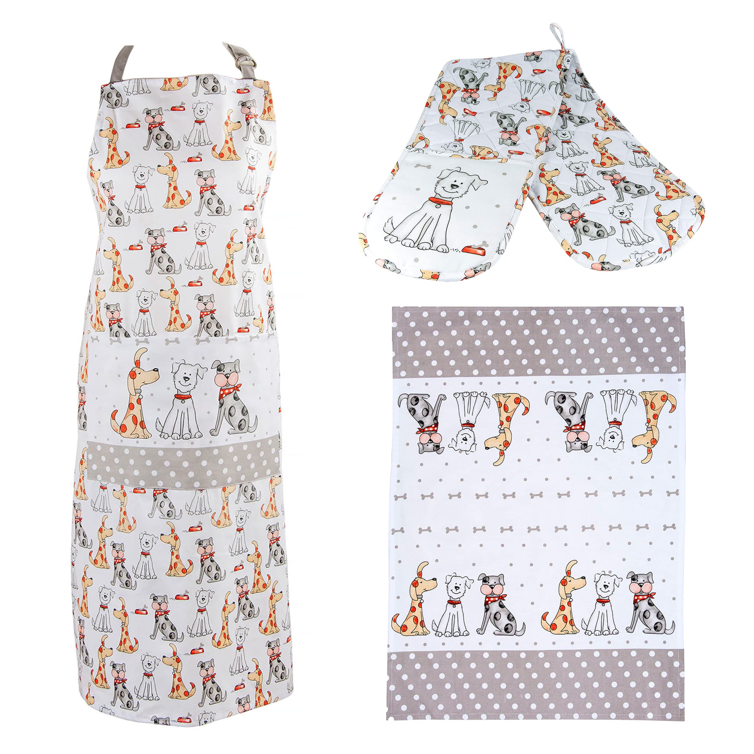SPOTTED DOG GIFT COMPANY 3 Piece Kitchen Textiles Set - Dog Apron, Double Oven Gloves & Tea Towel, 100% Cotton, Cute Animal Themed Kitchen Accessories for Cooking & Baking, Gifts for Dog Lovers