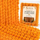 RAINFLOW 5PCS Artificial Marigold Garland - Light Orange Garlands for Decor | Waterproof Artificial Marigold Flowers for Diwali Decorations, Day of the Dead, Pooja, Haldi, Indian Wedding Displays