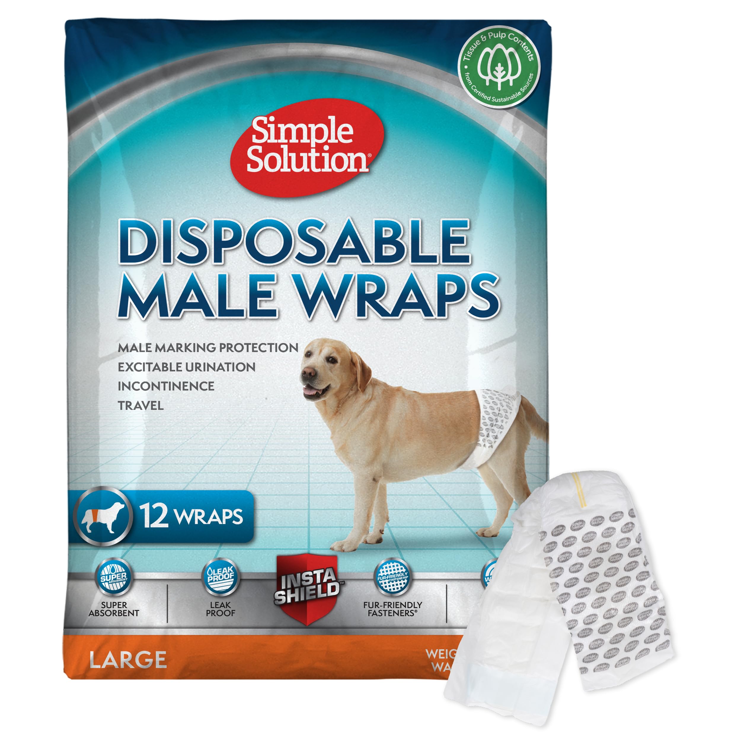 Simple Solution Disposable Dog Diapers for Male Dogs, with Super Absorbent Leak-Proof Fit for Excitable Urination, Incontinence, or Male Marking - 12 Pack